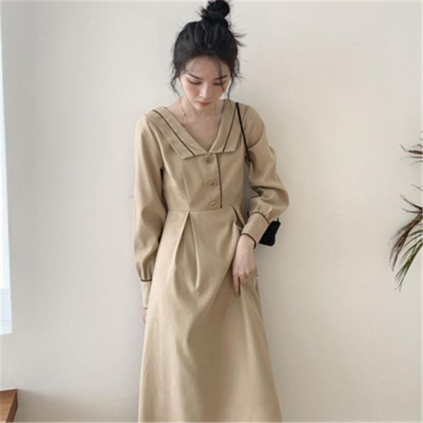 

casual dresses korean 2021 spring vintage v-neck high waist slim a-line dress women mid-length elegant solid long sleeve vestidos, Black;gray