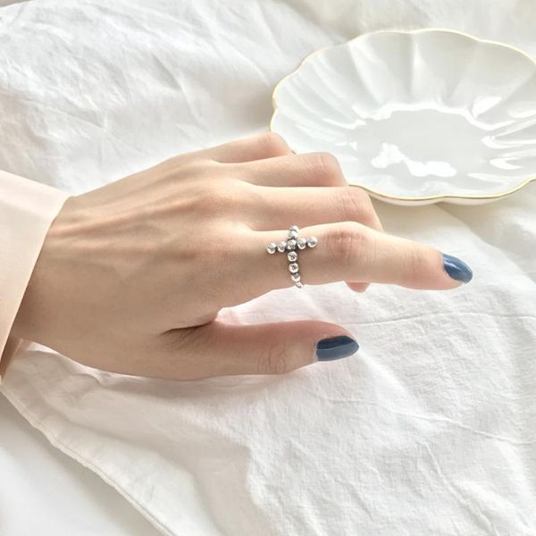 

cluster rings authentic s925 sterling silver fine jewelry round ball beads religion cross retro j399, Golden;silver