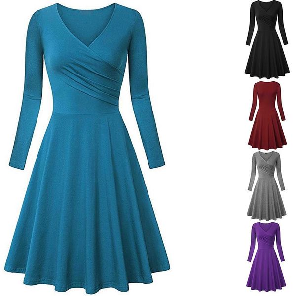 

colours autumn dress women solid casual office long sleeve evening dinner party dresses for robe femme 2xl vestido, Black;gray