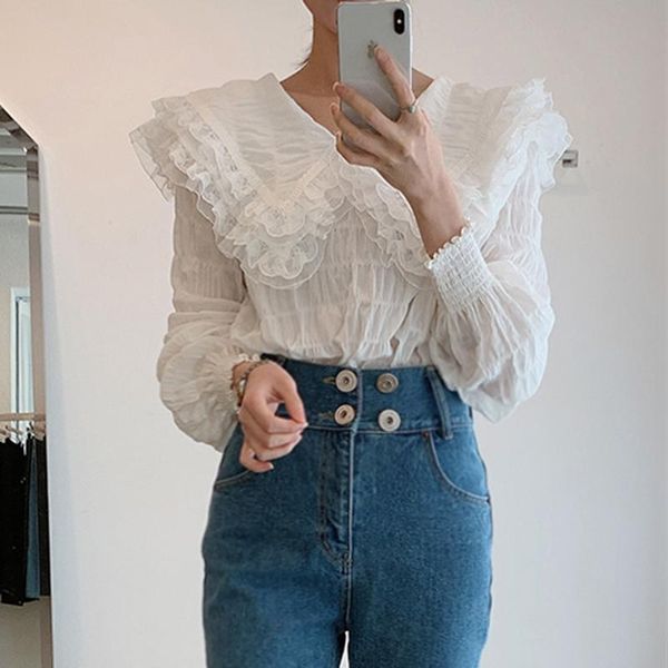 

women's blouses & shirts autumn 2021 korean fashion temperament french blouse female doll collar folds blusa loose puff sleeve shirt, White