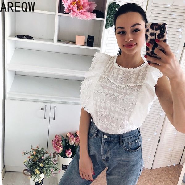 

women's summer clothes 100% cotton white blouse sleeveless tank shirt 210507