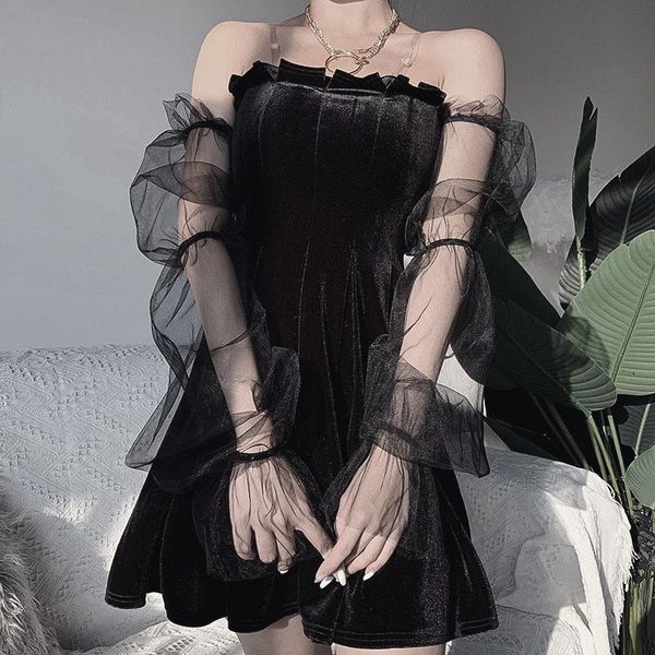 

casual dresses women's dress off shoulder with stitching mesh sleeves style high waist spring clothing lolita fishnet, Black;gray