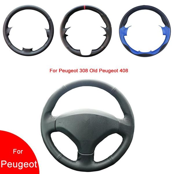 

steering wheel covers breathable punch hand-stitched black artificial leather car cover for 308 old 408