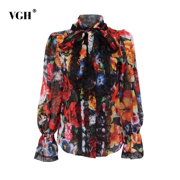 

vgh casual print women shirt bowknot flare long sleeve patchwork lace print blouse for female elegant fashion clothing tide 210317, White