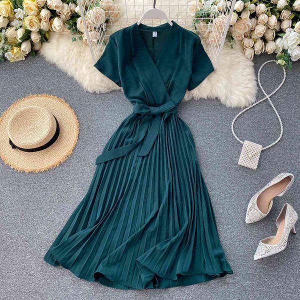 

casual dresses elegant midi retro women's solid color v-neck lace-up waist slimming over-the-knee pleated office lady 7mr4, Black;gray
