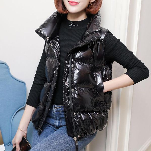 

women's vests women vest 2021 autumn winter short shiny waistcoat jacket loose padded coat lady clothing, Black;white