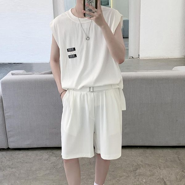 

men's tracksuits 2pieces summer simple anti-crease elasticity casual loose o-neck sleeveless t shirt + shorts sets streetwear 3xl, Gray