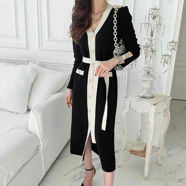 

arrival autumn slim womens dress cardigan long sleeve knitted korean houndstooth retro lace up chic vestido, Black;gray