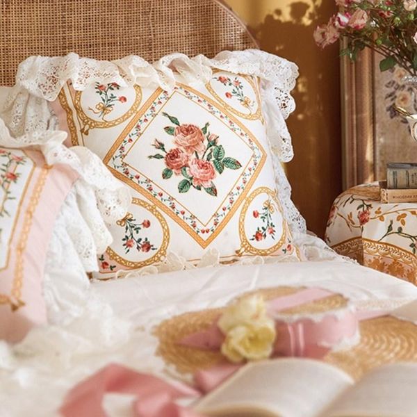 

cushion/decorative pillow french rose soft throw covers ruffled lace pillowcases decoration for couch bedding sofa 18x18 inches square pack