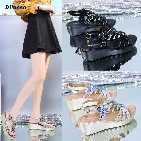 

women ladies bohemian crystal wedges thick peep toe sandals slippers shoes woman solid lasdies fashion, Black