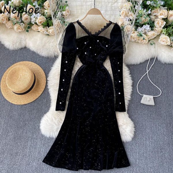 

casual dresses neploe mesh patchwork puff sleeve velvet dress 2021 autumn winter design vestidos chic exquisite beading women, Black;gray