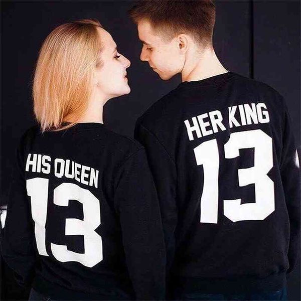 Sonbahar Eşleştirme Kadın Erkek Çift Uzun Kollu T-Shirt Sevgililer Siyah Aile Tee Üst Lover Onun Kraliçesi Onu Kral Mektup Baskı Bezi 210517