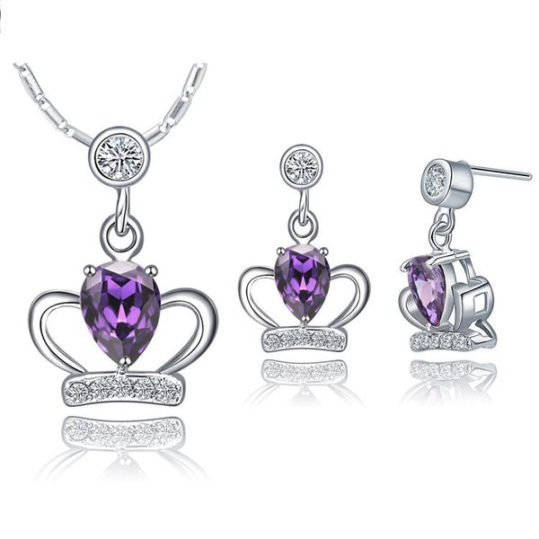 

wedding jewelry sets fashion crwon jewellery set for women bridal,purple crystal nice plating pendant necklace and earrings, Slivery;golden