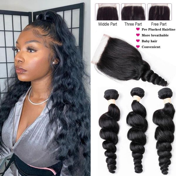 

human hair bulks loose wave bundles with closure wavy brazilian extension weave for women, Black