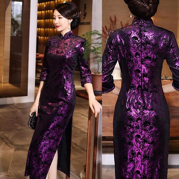

casual dresses women's 3/4 sleeve chinese cheongsam dress long slit floral print elegant prom party mid-length slim, Black;gray