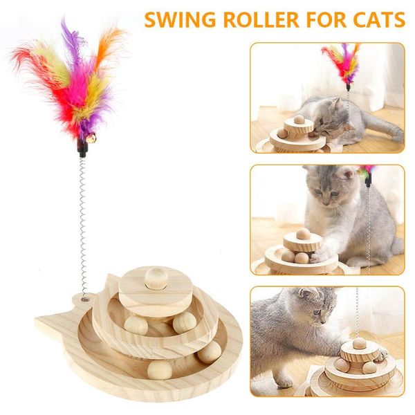 

cat toys kitten toy two levels wooden tower tracks disc training plate turntable triple pet ball cats stick feather