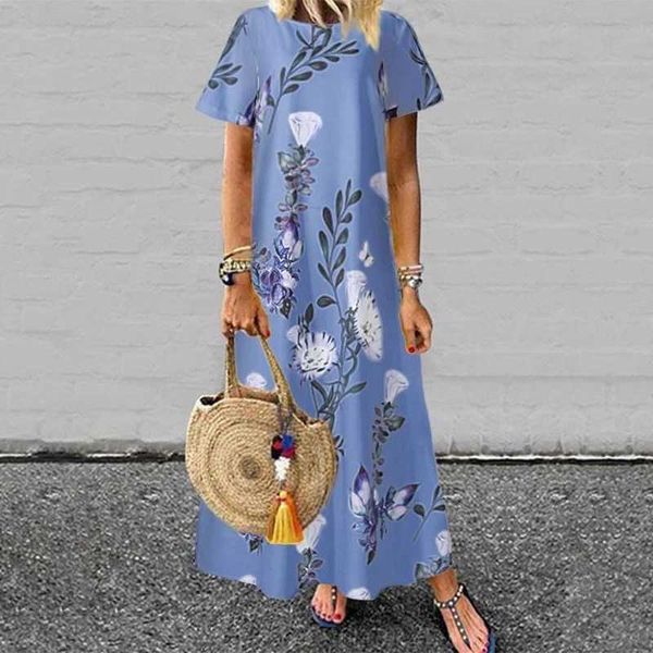 Flor Impresso Maxi Dress Mulheres Verão O Neck Bohemian Sundress Casual Loose Manga Curta Manga Feminina Vestidos Grande Tamanho 5xL 210526