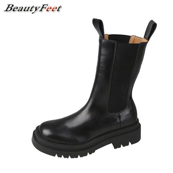 

boots autumn winter solid black leather mid calf for women shoes woman slip on square heels platform plus size