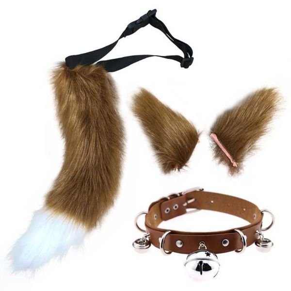 Pelliccia sintetica Gattino Lupo Coda lunga Orecchie Fermagli per capelli e Collo in pelle Collare Girocollo Set Costume cosplay festa di Halloween M24 21 Y0913