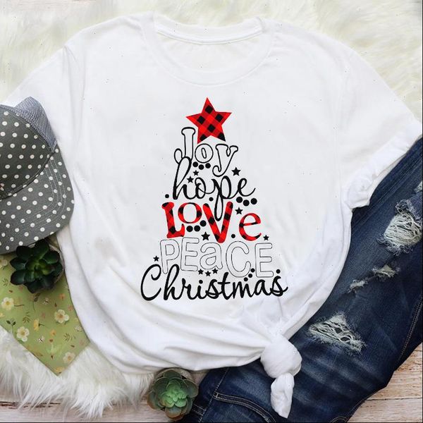 

womens t shirts women letter love star plaid fashion 90s holiday merry christmas print lady female tees clothes shirt, White