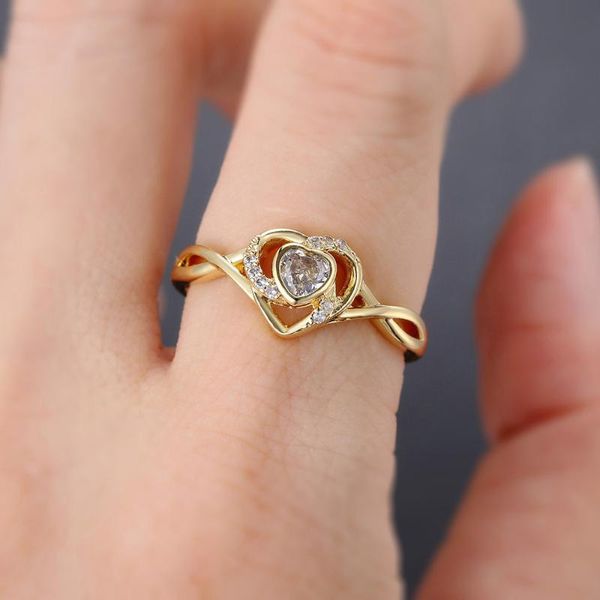 Cluster Ringe Gold Herz für Teenager Mädchen Ästhetischer koreanischer Stil Kristall Twist Liebe Versprechen Ring Jubiläumsgeschenk Damenschmuck R344