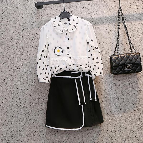 

plus size tracksuits women's clothing summer skirt two piece set ladies casual daisy dot print single breasted shirt blouse + slim suit, Black