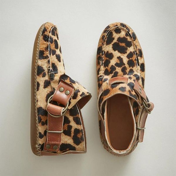 

boots women ankle 2021 sewing rivets metal buckle ladies leopard retro casual soft flock female plus size flat shoes, Black