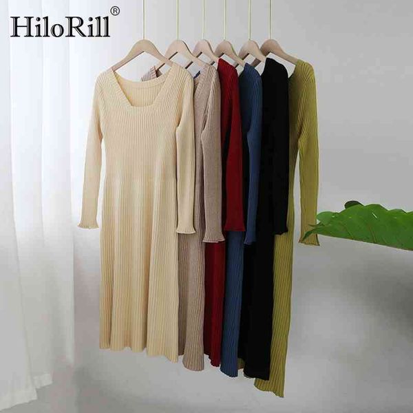 

women chic knitted sweater dresses autumn long sleeve casual midi square collar elegant patchwork 210508, Black;gray