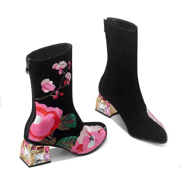 

dress shoes botas curtas bordadas florais estilo Ã©tnico, botas de tornozelo femininas, couro genuÃ­no, zÃ­per, sapatos salto alto com strass f, Black