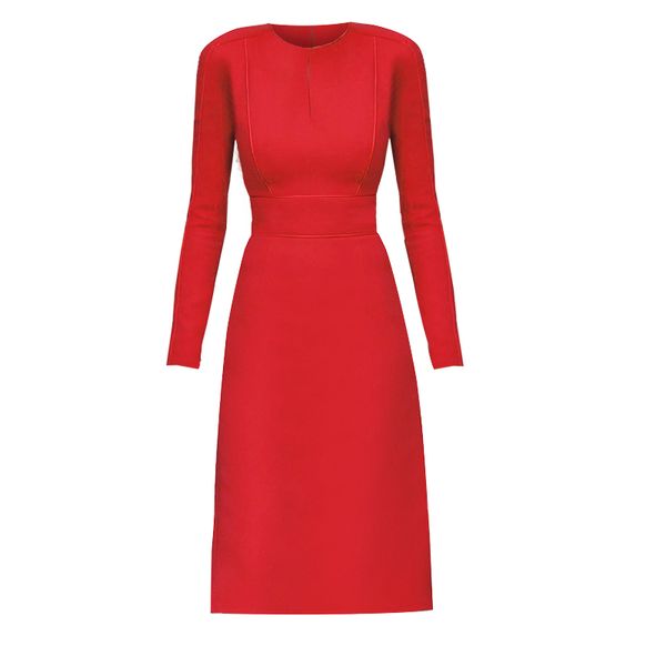 

red and black solid color long sleeve nipped-waist pocket sheath capable temperament princess same style dress 2021 autumn new ol, Black;gray