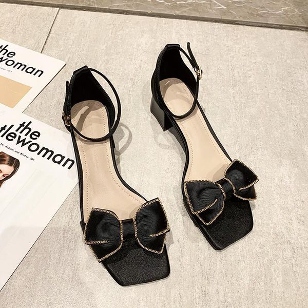 

style all-match skirt thick heel sandals with bow knot summer girls must-have dress shoes, Black
