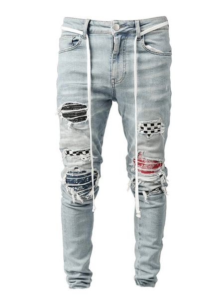 

ny men stretch jeans hip hop jogging pants mens2021, Blue