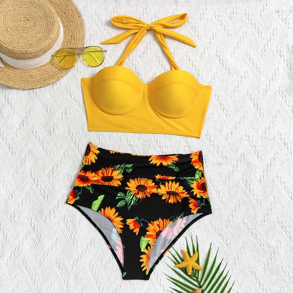 

2021women fashion sunflower print sleeveless bikini set shorts two piece set swimsuit bathing suit swimwear beach wear tankinis, White;black