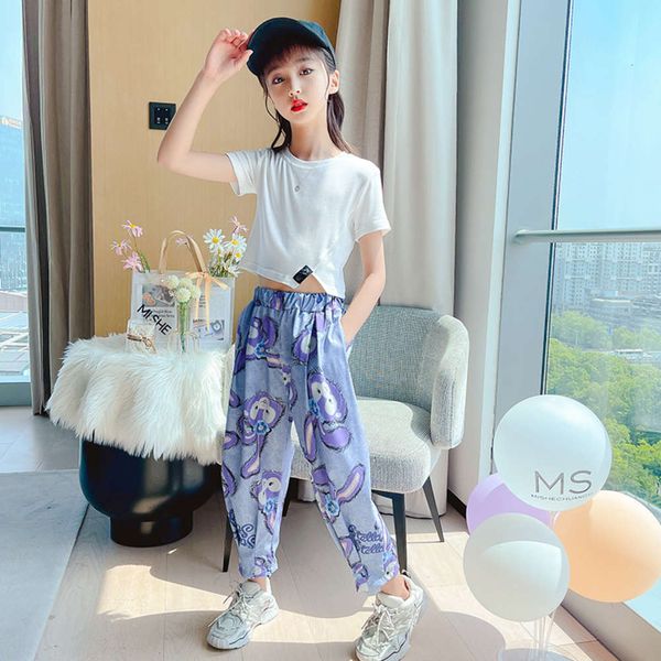 

girls' summer suit children's foreign style net red short sleeve two piece, White