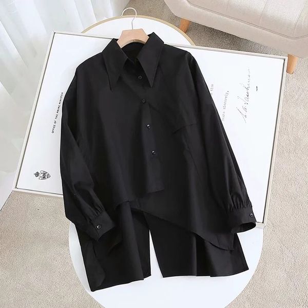 

woman shirts irregular ladies slit plus size blouse spring long sleeve solid office lady shirt loose style shirt, White