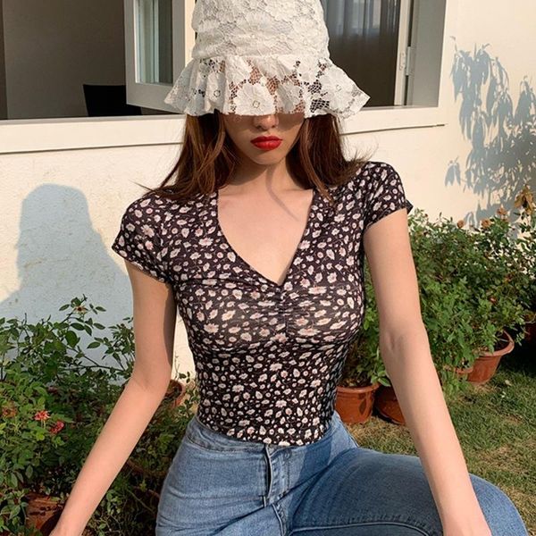 

women's t-shirt jlong women fashion t-shirts floral print short tee shirt high waist slim v-neck sleeve, White