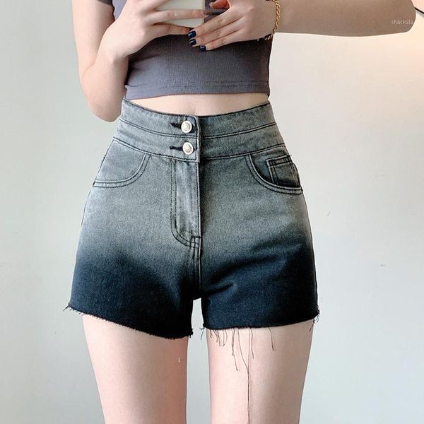

women's shorts women high rise gradient denim with -cut hems, White;black