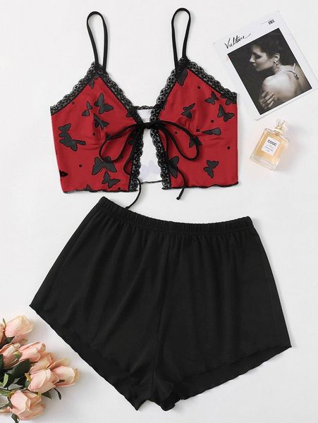 

plus butterfly contrast lace cami with shorts pajama set d9vi#, Black;white