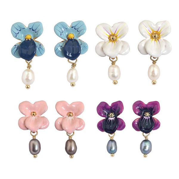 

simple elegant flower pearl earrings for women purple blue pink white flowers stud earring fashion jewelry, Golden;silver