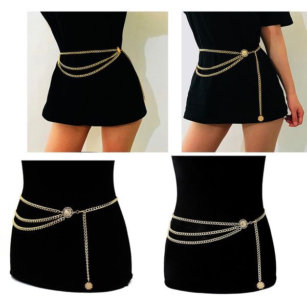 

belts 1pcs retro women's waist chain gold silver metal lady simple female belt dress accessories belly body jewelry, Black;brown