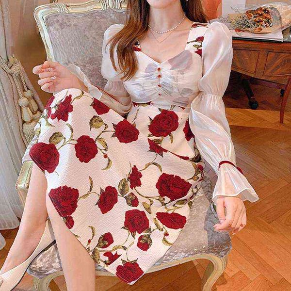 

french vintage midi dress women long sleeve sweet floral dress evening party retro elegant one piece dress korean 2021 autumn y1204, Black;gray