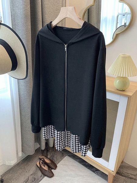 

plus houndstooth drop shoulder hooded jacket 53k9#, Black