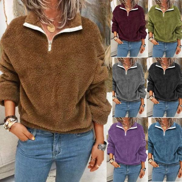 

women's sweaters autumn winter 2021 solid fleece long sleeve fashion casual all-match lapel zipper loose ladies warm, White;black