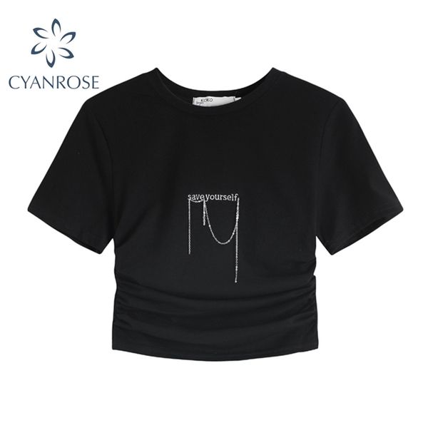 

black&white chain crop t shirt summer short sleeve women's slim bodycon tees female party club e-girl skinny tide 210430