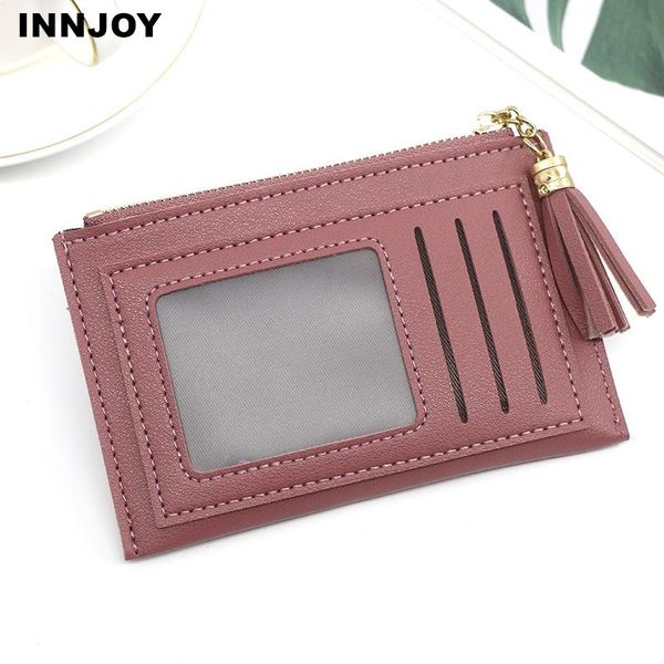 

card holders women pu leather mini small magic wallets ultra thin zipper coin purse pouch plastic credit bank case holder, Brown;gray