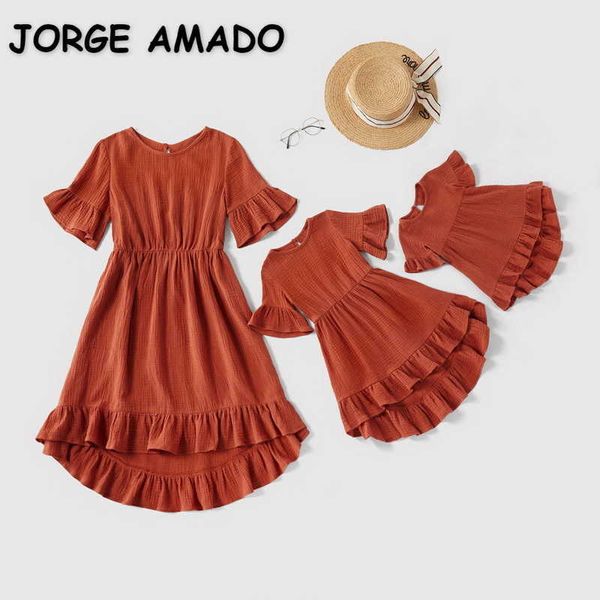 Verão Família Família Roupas 3pcs Conjuntos Mãe Filha Bebê Bebê Vestuário Bodysuit Dress Ruffle E021 210610