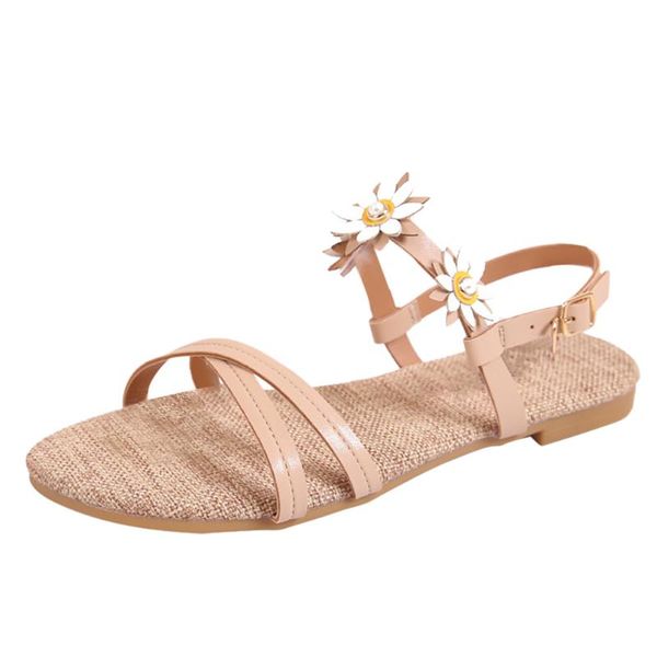 

women pearl buckles ankle floral sandals flat with summer open toe shoes rome bohemian beach comfortable 2021, Black