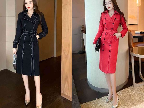 

work dresses korean style autumn suit collar long-sleeved lace-up slim trench coat dress 11l8, White;black