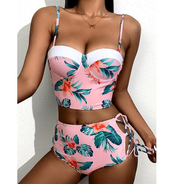 

bikini 2021 women swimwear high waist padded bra beachwear bathing swimsuit female push up set beach swimming suits one-piece