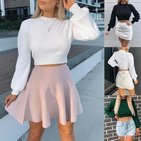 

female fashion short long sleeve knitting white casual loose autumn pullover women office black slim sweater clothing 210423, White;black